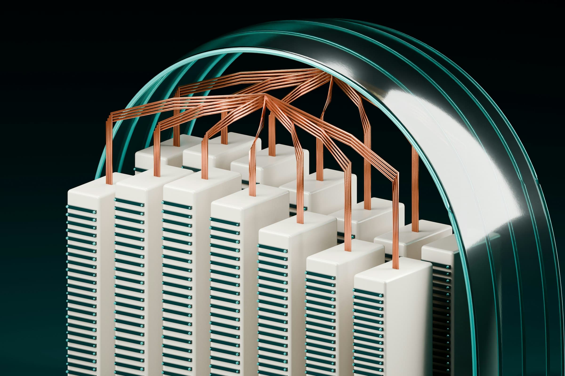 White server towers with copper wiring connected to a curved arch.